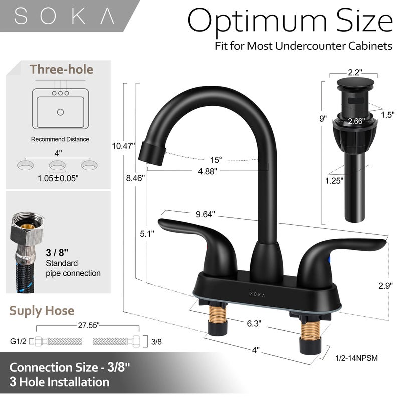 SOKA 2 Handle Bathroom Faucet Black, 4 Inch Black Bathroom Sink Faucet Centerset with Lift Rod Drain Stopper and Supply Hoses, RV Bathroom Faucet 3 Holes, Matte Black Bathroom Faucet - Image 5